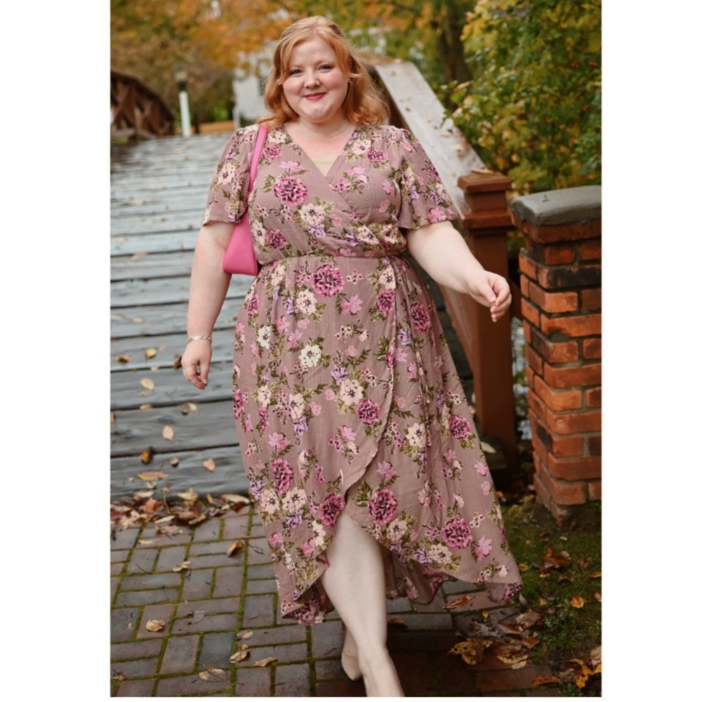 Arula Metallic Floral Surplice V-Neck Wrap High Low Maxi Dress Purple 1X